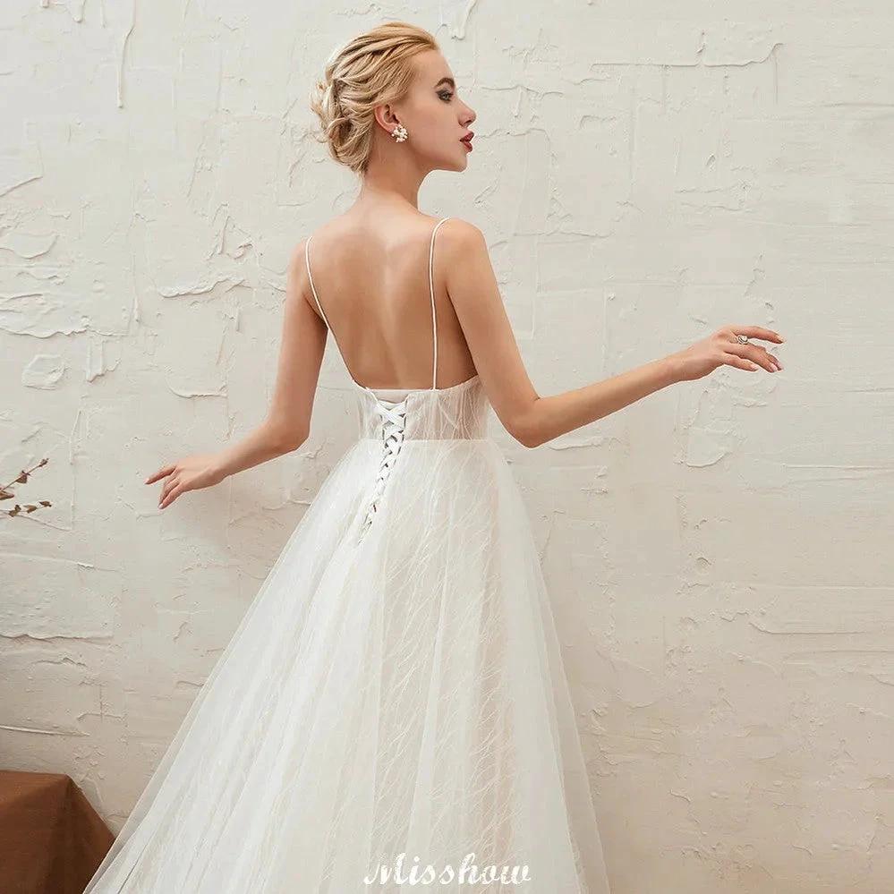 Chic Deep V-Neck White Tulle Princess Open Back Wedding Dress with Court Train - Image 5
