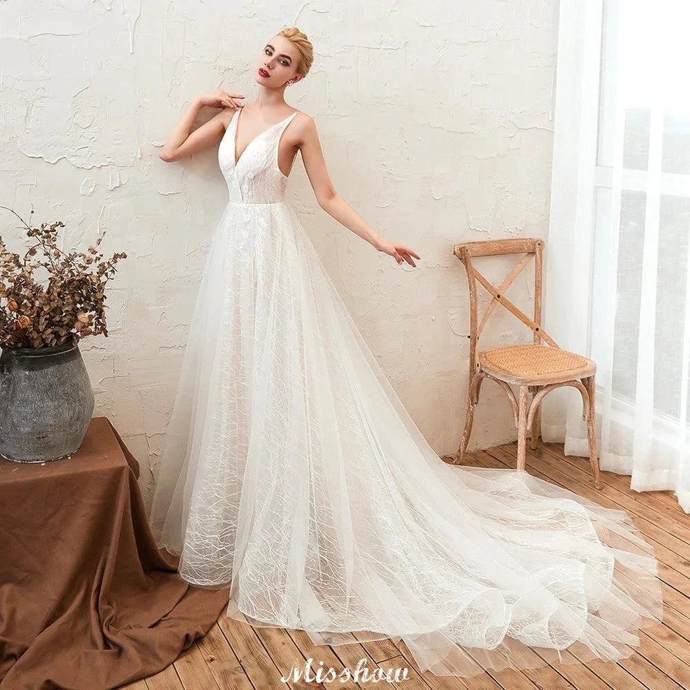 Chic Deep V-Neck White Tulle Princess Open Back Wedding Dress with Court Train - Image 6