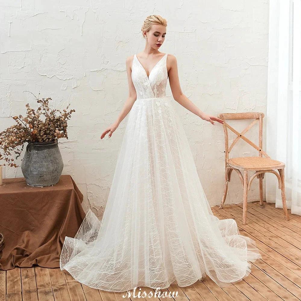 Chic Deep V-Neck White Tulle Princess Open Back Wedding Dress with Court Train - Image 7