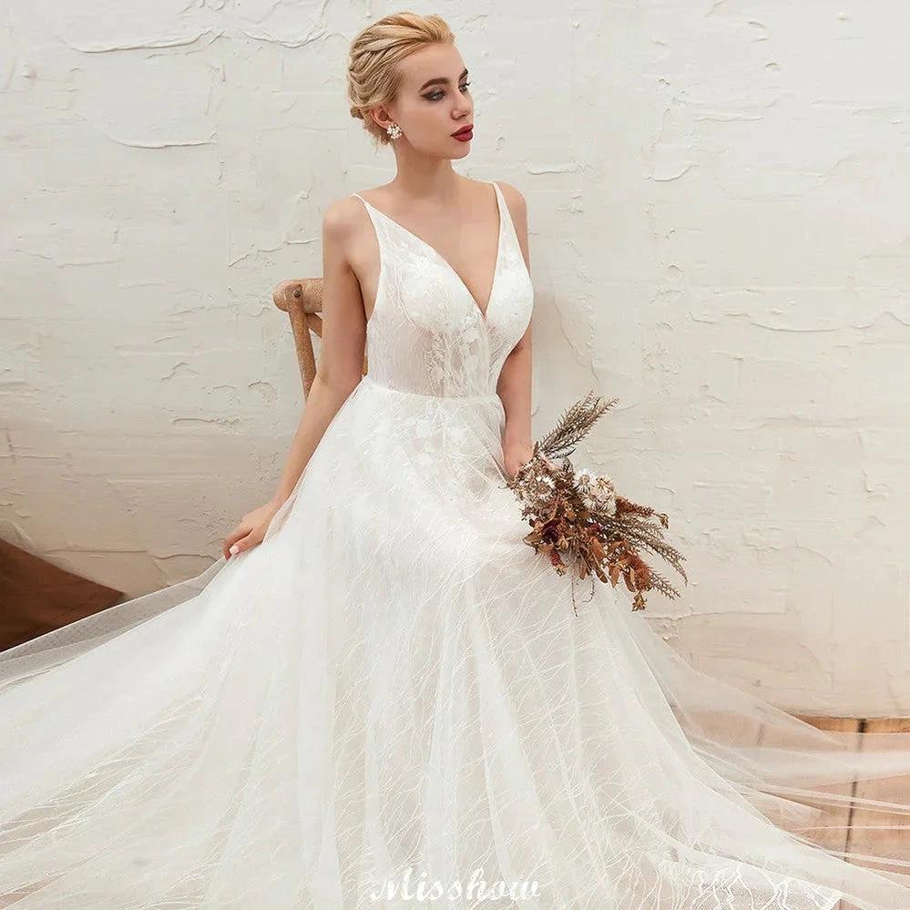 Chic Deep V-Neck White Tulle Princess Open Back Wedding Dress with Court Train - Image 8