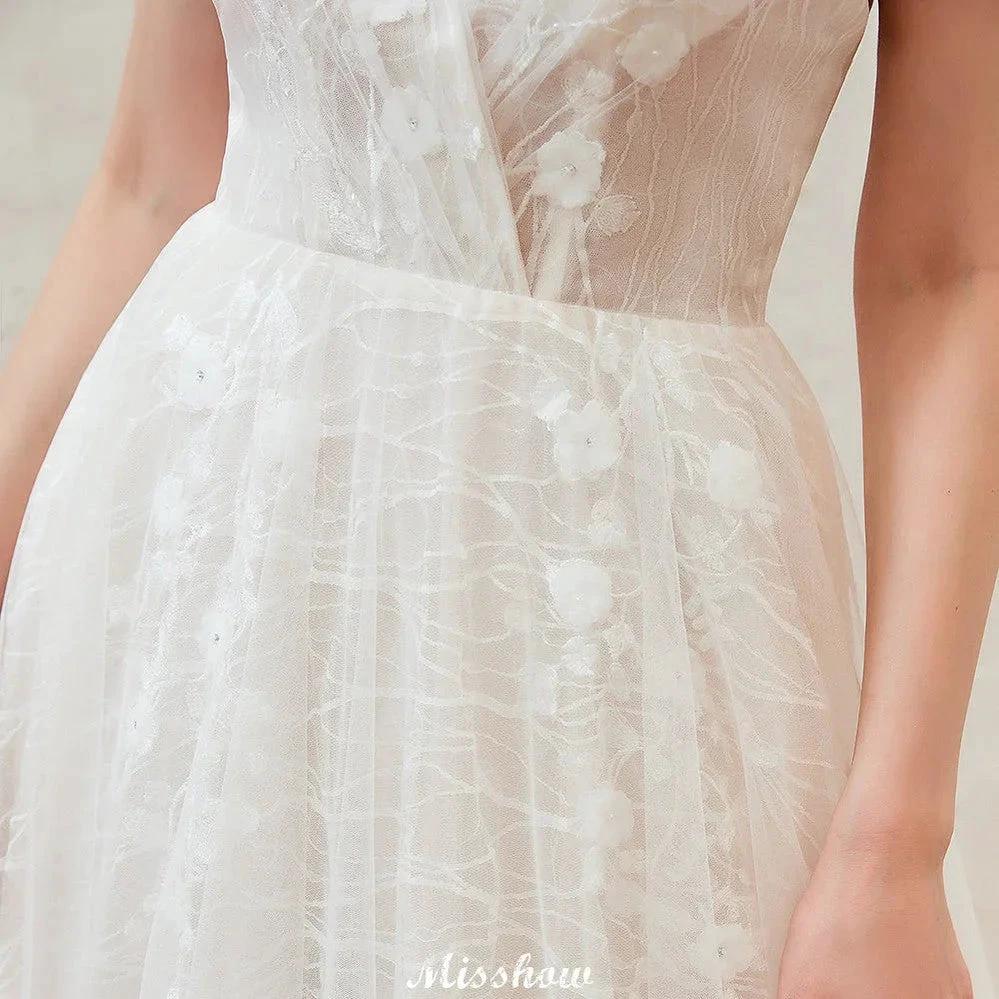 Chic Deep V-Neck White Tulle Princess Open Back Wedding Dress with Court Train - Image 9