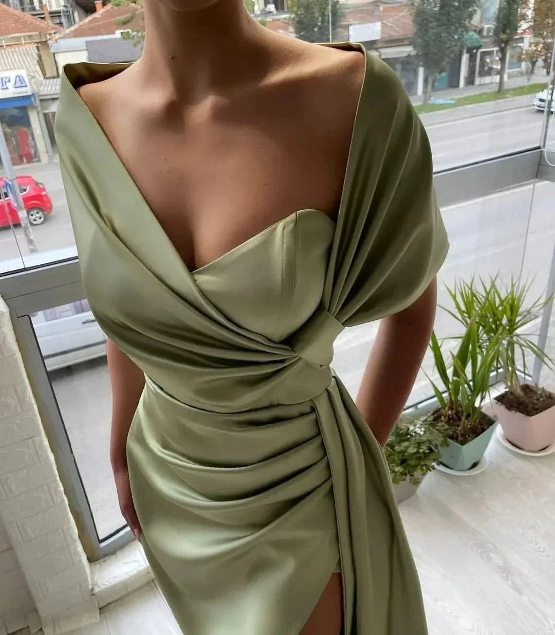 Chic Floor Length Portrait A Line Satin Prom Dress with Ruffles - Image 2