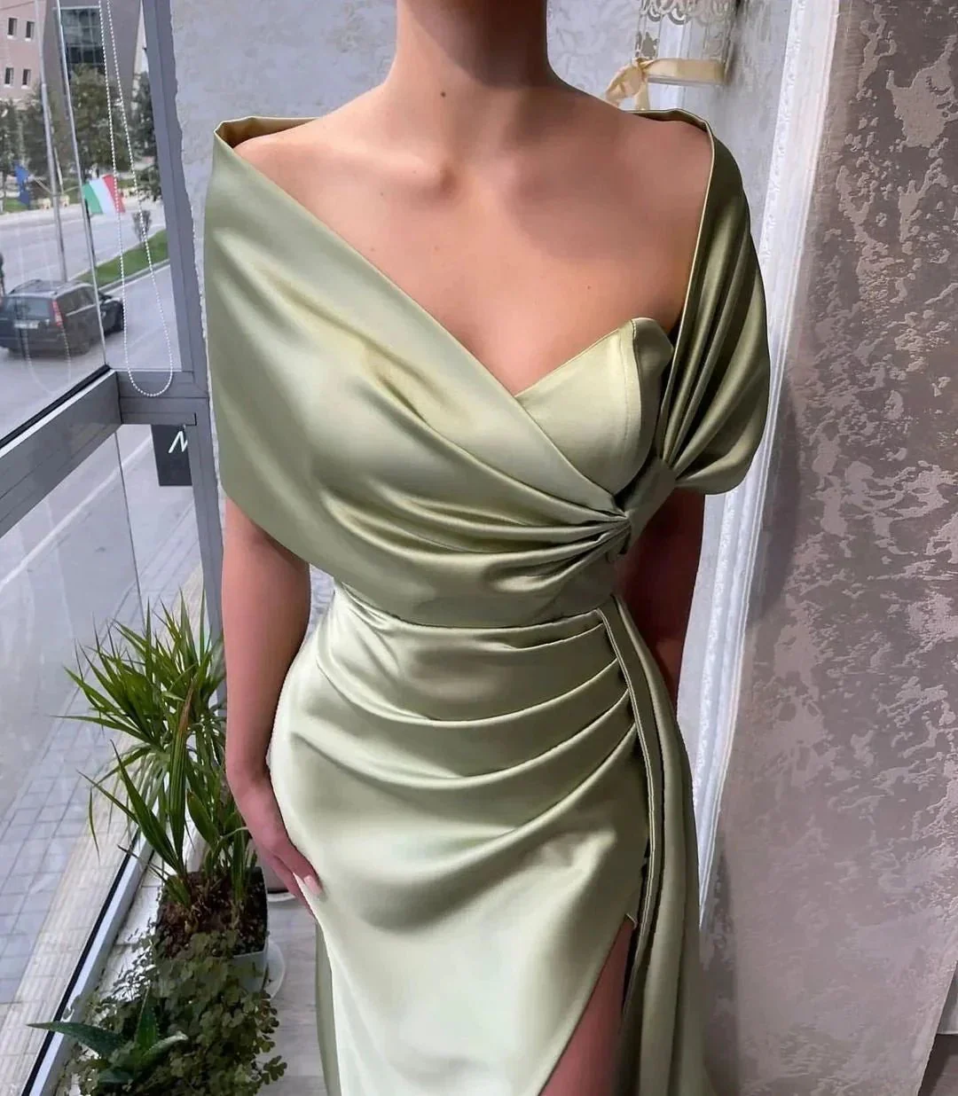 Chic Floor Length Portrait A Line Satin Prom Dress with Ruffles - Image 4