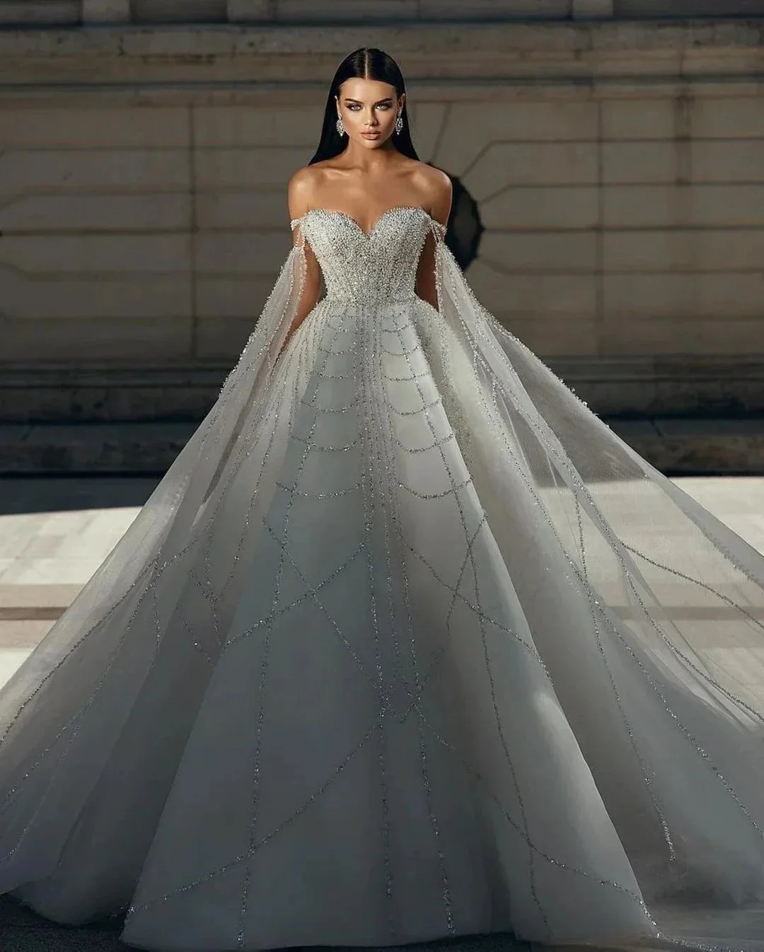 Chic Floor Length Sweetheart Off-The-Shoulder A-Line Sequined Wedding Dress - Image 3