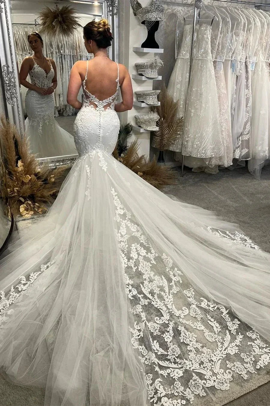 Chic Floor Length V-Neck Spaghetti Straps Sleeveless Mermaid Wedding Dress with Chapel Train - Image 4