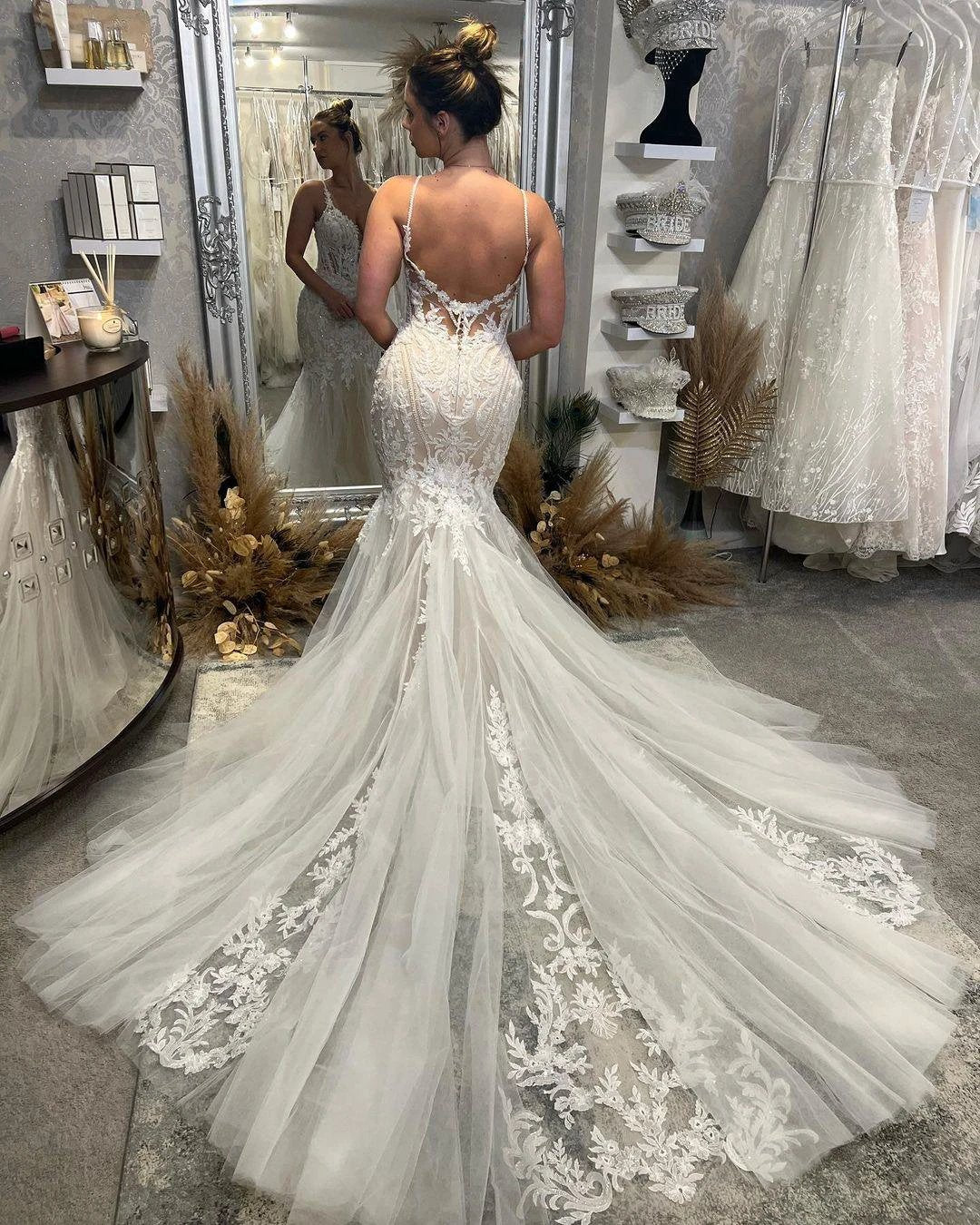 Chic Floor Length V-Neck Spaghetti Straps Sleeveless Mermaid Wedding Dress with Chapel Train - Image 5
