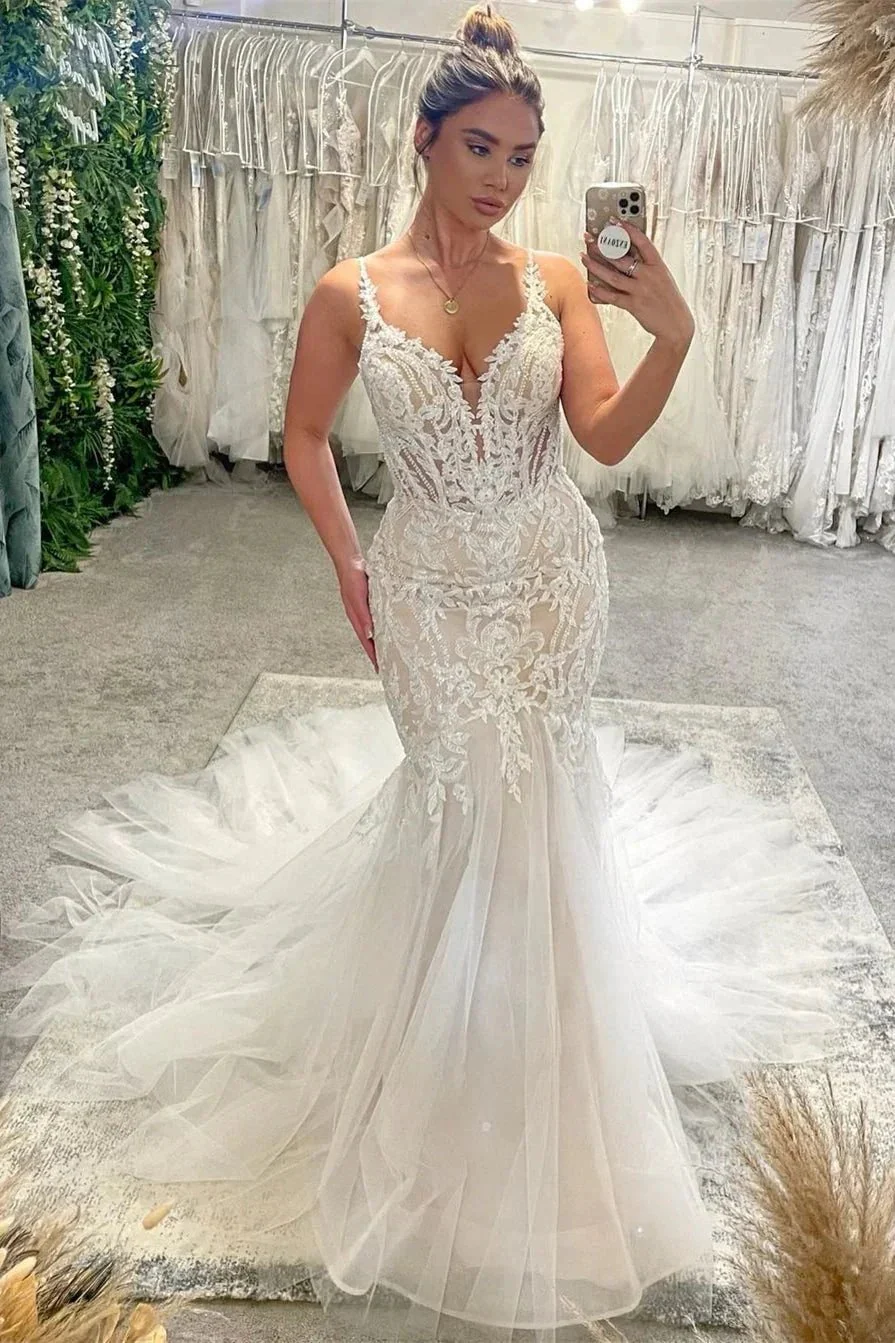 Chic Floor Length V-Neck Spaghetti Straps Sleeveless Mermaid Wedding Dress with Chapel Train - Image 6
