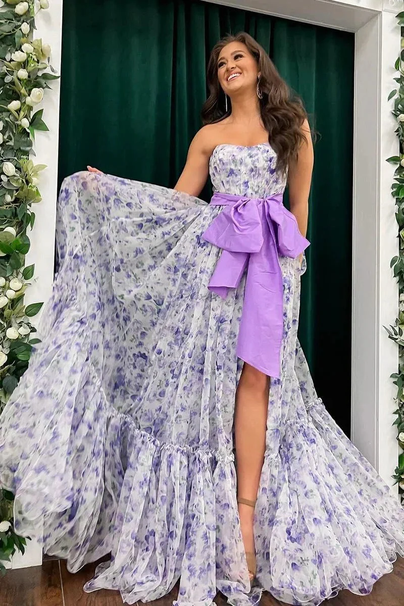 Chic Floral Printed Chiffon Strapless Long Prom Dresses with Slit - Image 2