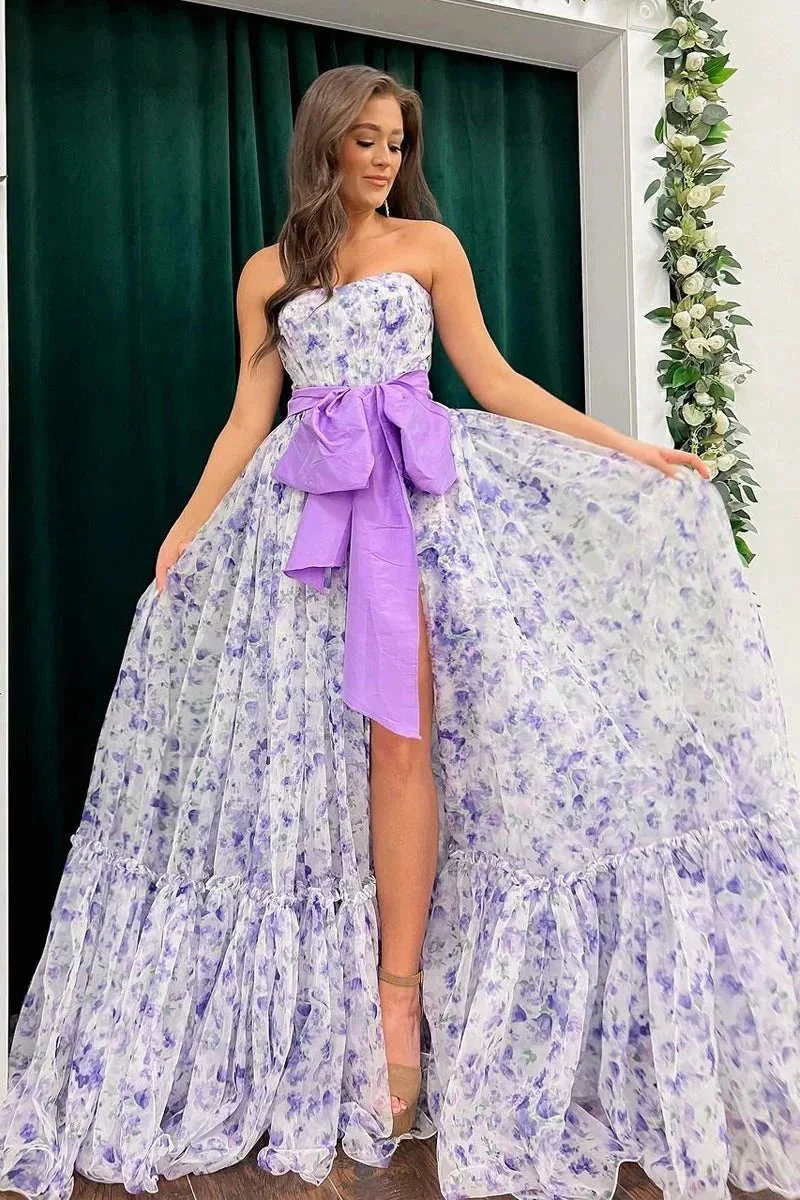 Chic Floral Printed Chiffon Strapless Long Prom Dresses with Slit - Image 3
