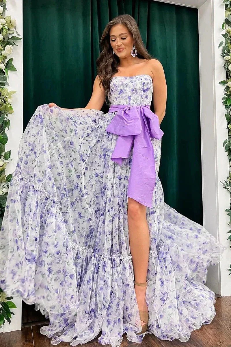 Chic Floral Printed Chiffon Strapless Long Prom Dresses with Slit - Image 4