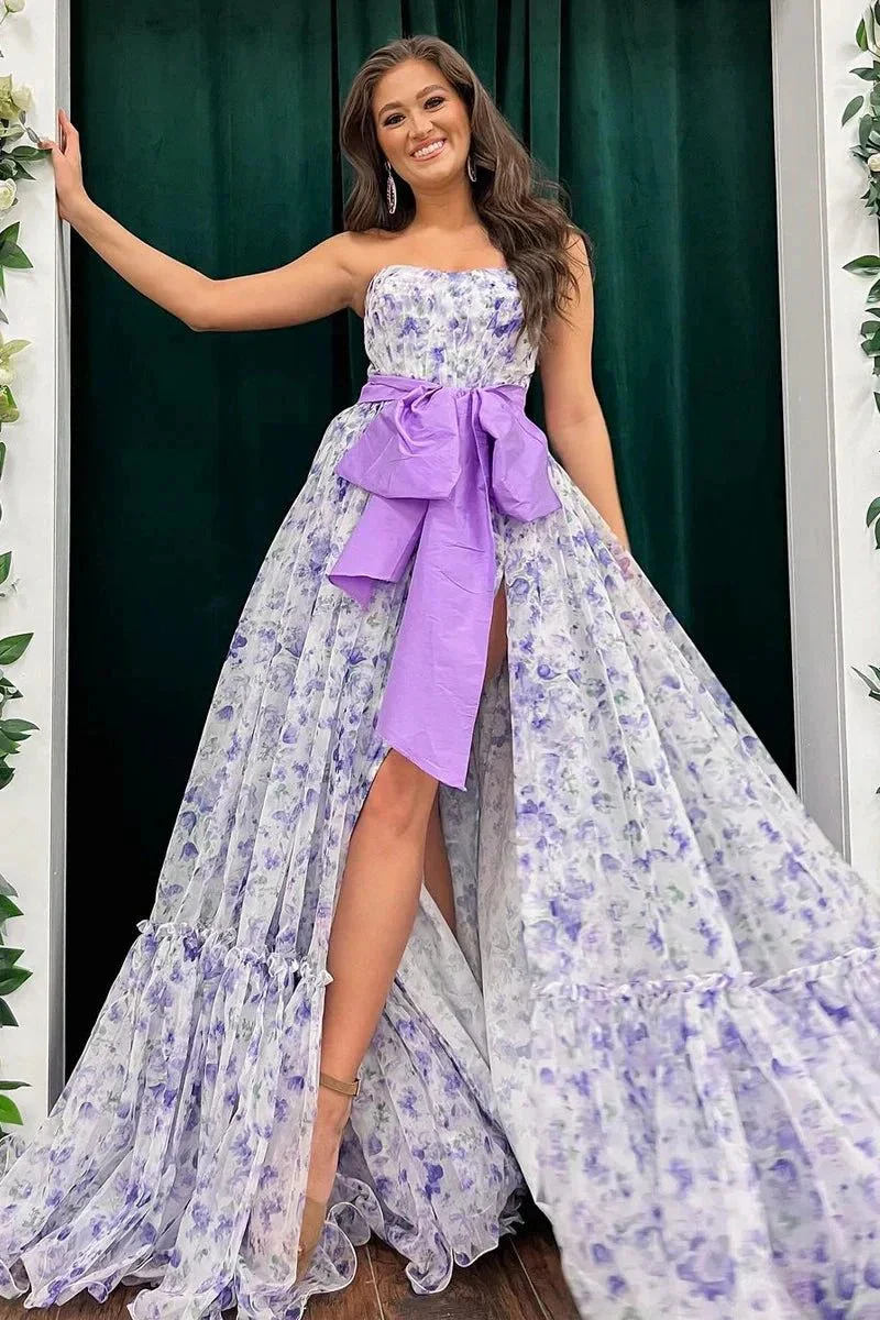 Chic Floral Printed Chiffon Strapless Long Prom Dresses with Slit - Image 5