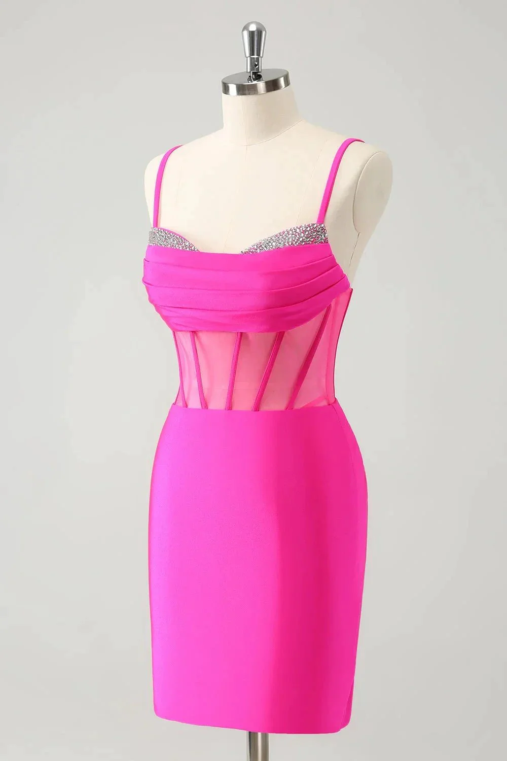 Chic Fuchsia Bodycon Pleated Corset Short Homecoming Dress with Beading - Image 3