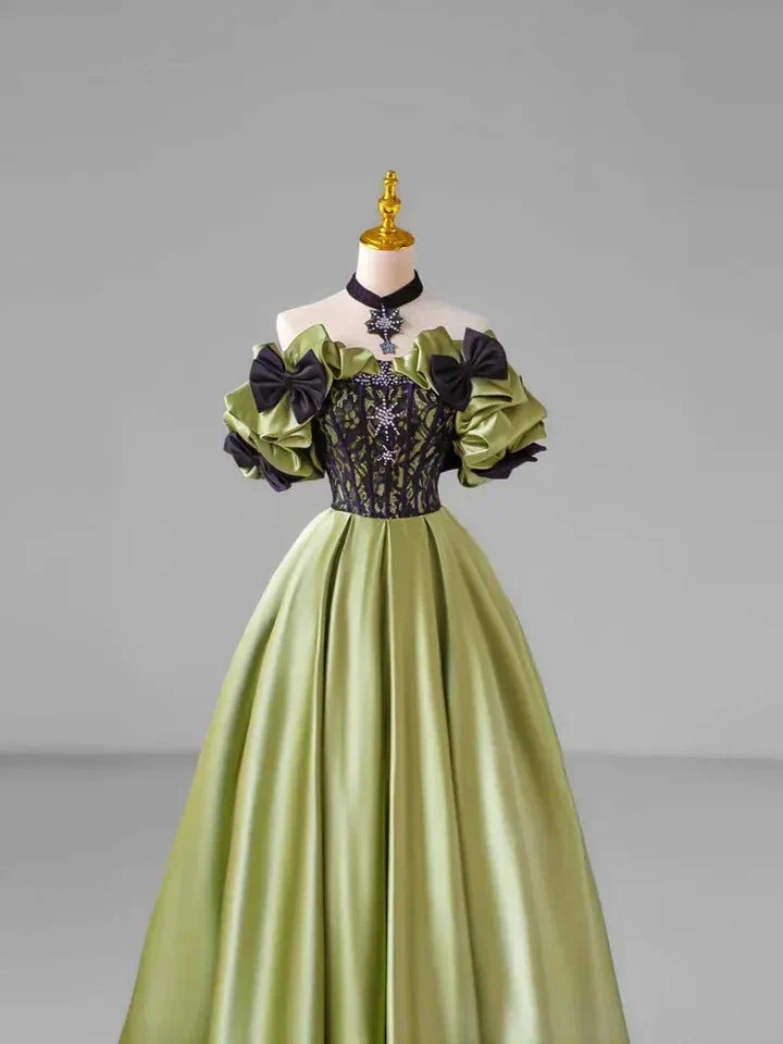 Chic Green Bow Lace Beaded Satin Prom Dress Off-The-Shoulder Ball Gown  Y7745 - Image 2