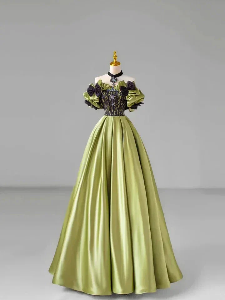 Chic Green Bow Lace Beaded Satin Prom Dress Off-The-Shoulder Ball Gown  Y7745 - Image 3
