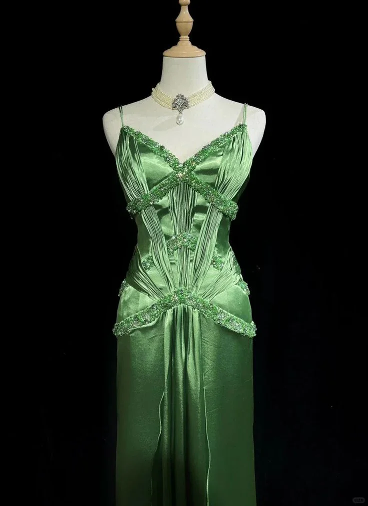 Chic Green Spaghetti Straps Satin Beaded Prom Dress Evening Dress Y8555 - Image 2