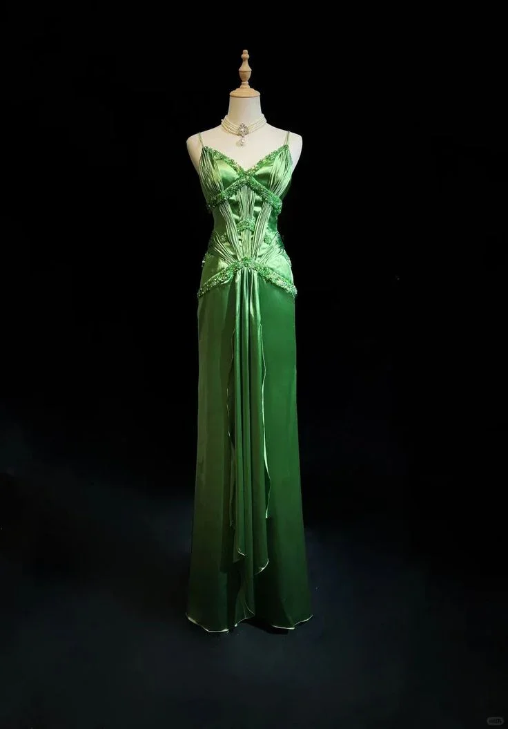 Chic Green Spaghetti Straps Satin Beaded Prom Dress Evening Dress Y8555 - Image 3
