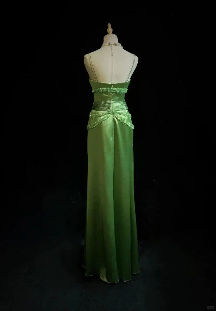 Chic Green Spaghetti Straps Satin Beaded Prom Dress Evening Dress Y8555 - Image 4