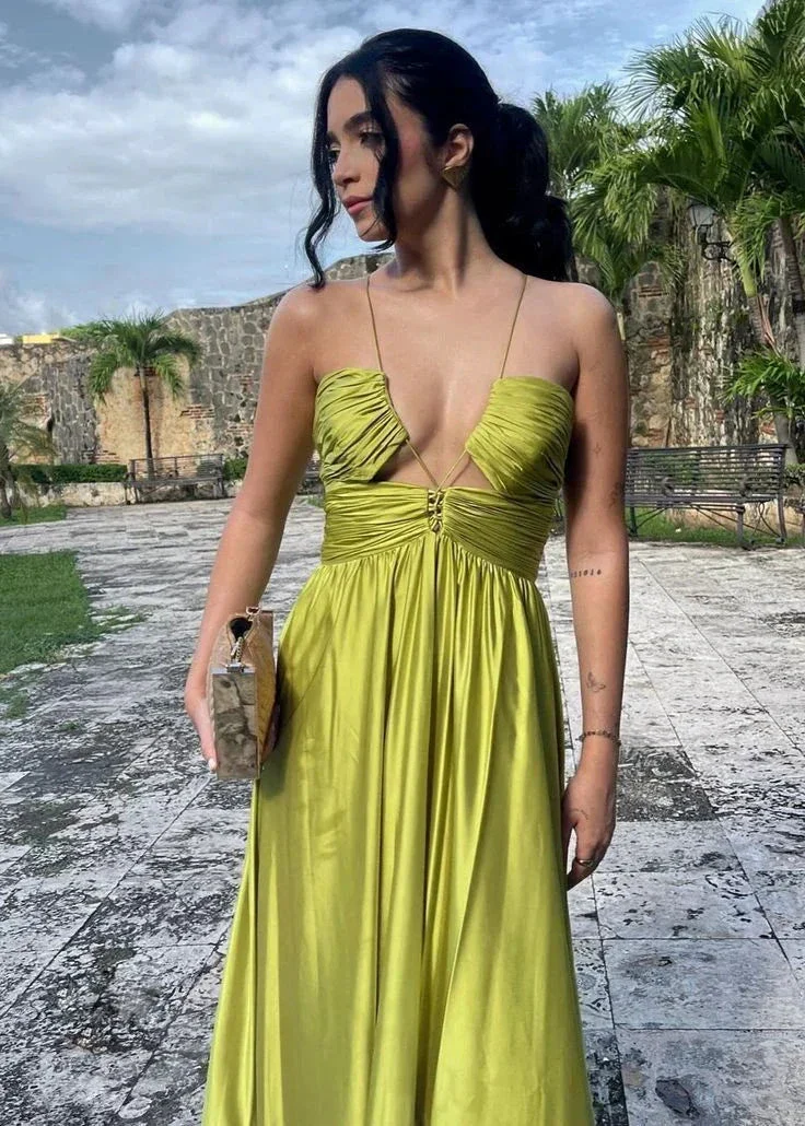 Chic Halter Green Long Satin Ruched Prom Dress Formal A Evening Dress Y8098 - Image 5