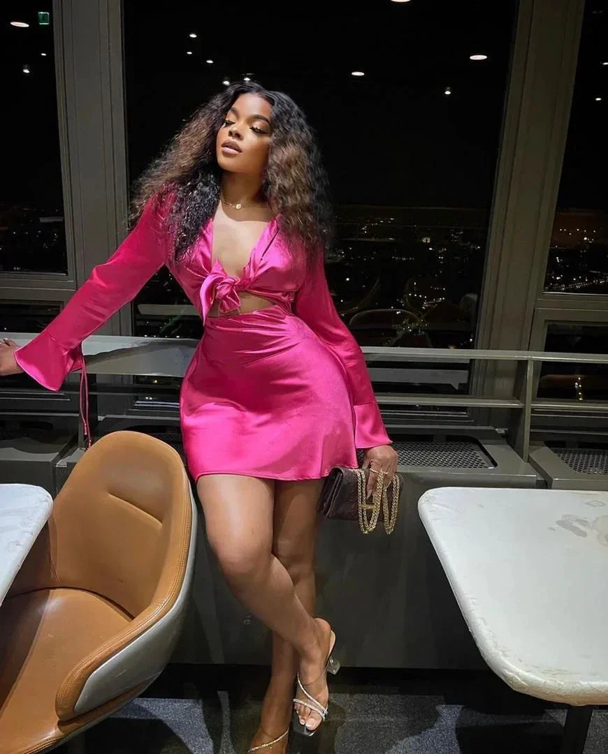 Chic Hot Pink Homecoming Dress with Long Sleeves Hot Pink Cocktail Dress Y2221 - Image 2