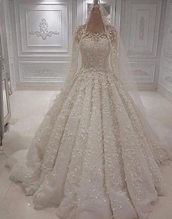 Chic Ivory Long A-line Jewel Tulle Appliques Lace Wedding Dresses - Image 2