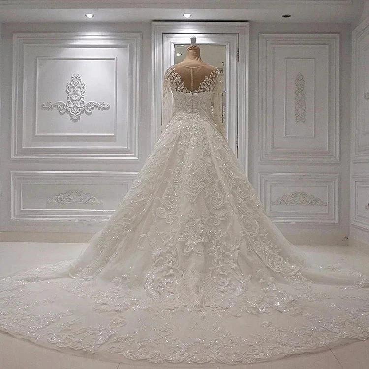 Chic Ivory Long A-line Jewel Tulle Appliques Lace Wedding Dresses - Image 3