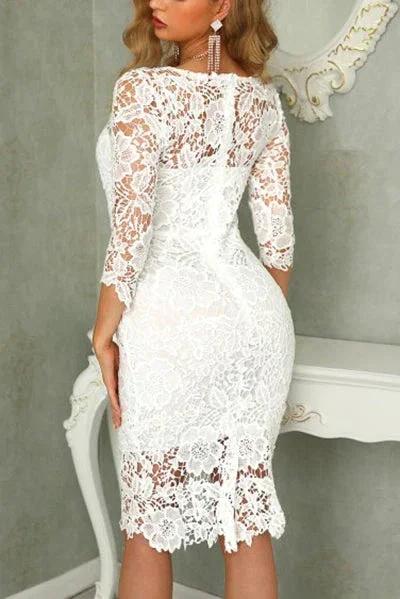 Chic Ivory Long Sleeves Knee Length Lace Homecoming Dresses - Image 3