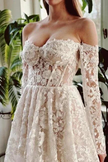 Chic Long A-line Off-the-shoulder Lace Beading Wedding Dress with Long Sleeves - Image 2