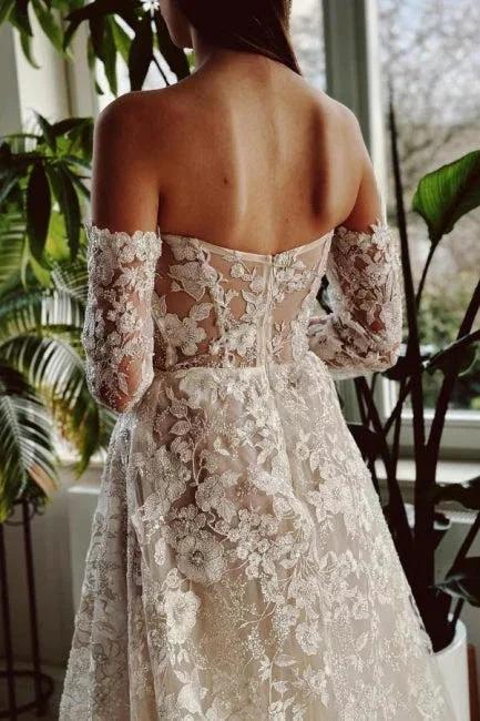 Chic Long A-line Off-the-shoulder Lace Beading Wedding Dress with Long Sleeves - Image 3