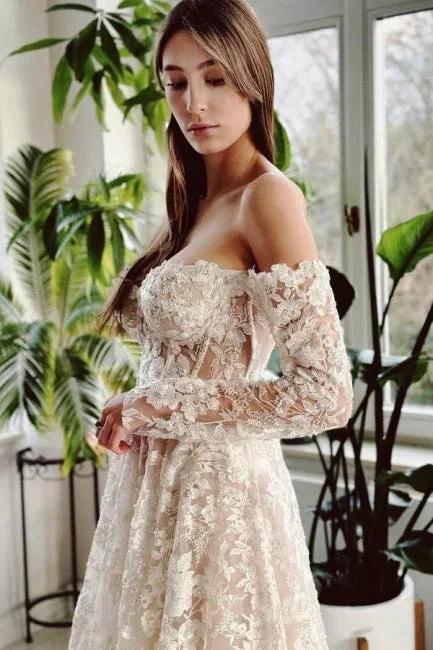 Chic Long A-line Off-the-shoulder Lace Beading Wedding Dress with Long Sleeves - Image 4