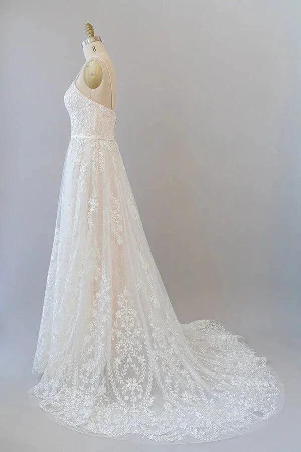 Chic Long A-line Sweetheart Spaghetti Strap Appliques Tulle Wedding Dress - Image 2