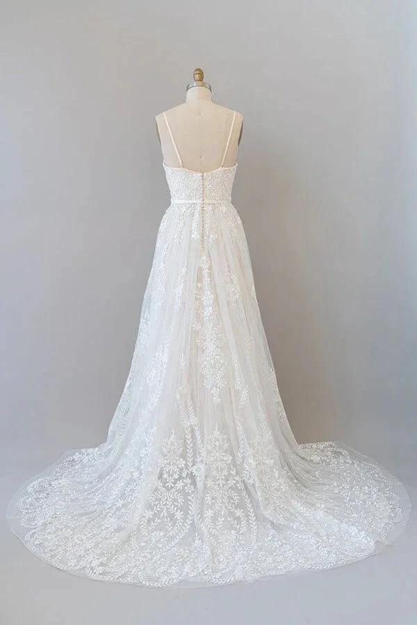 Chic Long A-line Sweetheart Spaghetti Strap Appliques Tulle Wedding Dress - Image 3