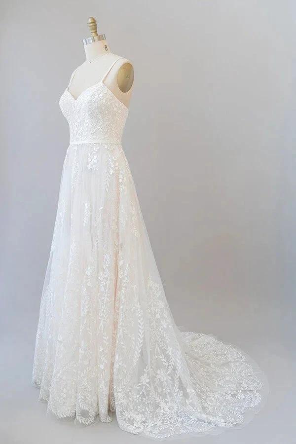 Chic Long A-line Sweetheart Spaghetti Strap Appliques Tulle Wedding Dress - Image 4