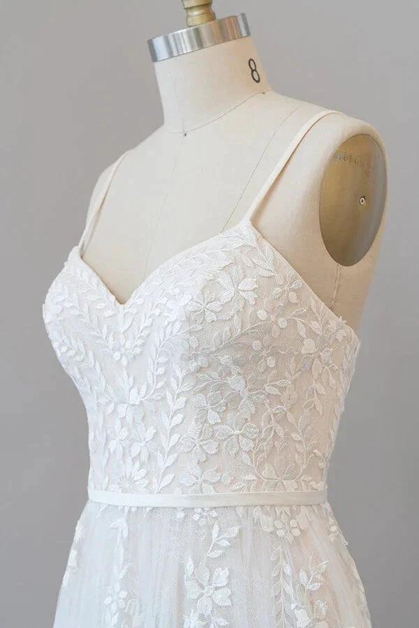 Chic Long A-line Sweetheart Spaghetti Strap Appliques Tulle Wedding Dress - Image 5