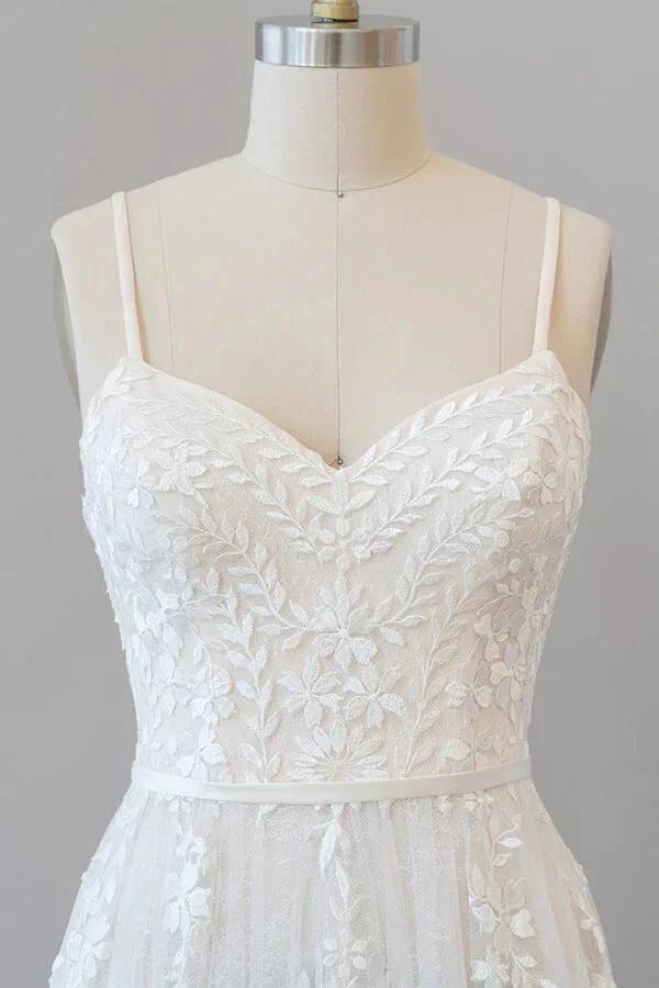 Chic Long A-line Sweetheart Spaghetti Strap Appliques Tulle Wedding Dress - Image 6