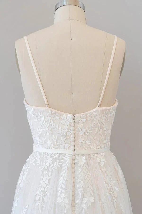 Chic Long A-line Sweetheart Spaghetti Strap Appliques Tulle Wedding Dress - Image 7