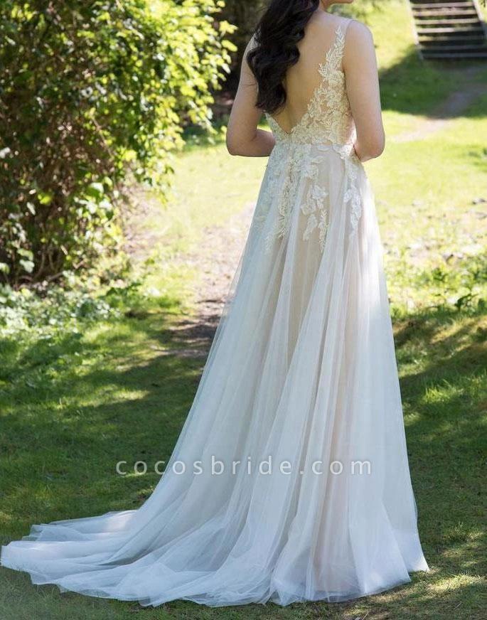 Chic Long A line V neck Appliques Lace Tulle Wedding Dress - Image 4