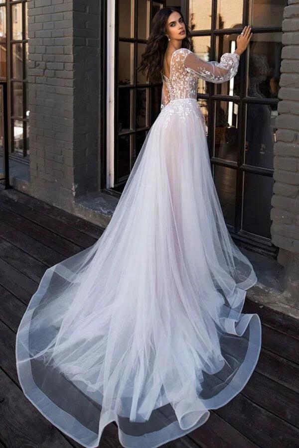 Chic Long A-line V-neck Tulle Lace Chapel Train Wedding Dress with Sleeves - Image 2