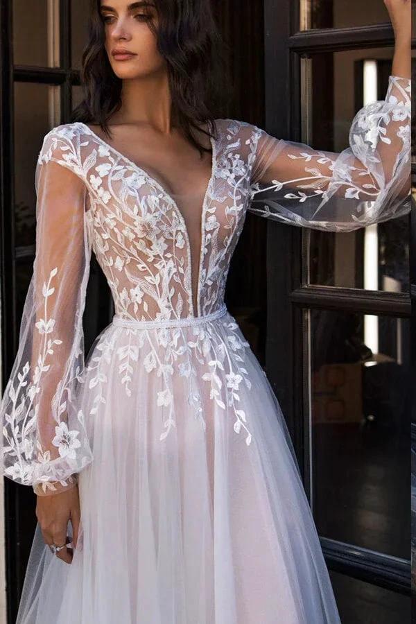 Chic Long A-line V-neck Tulle Lace Chapel Train Wedding Dress with Sleeves - Image 3