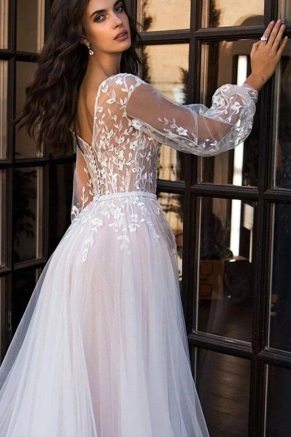 Chic Long A-line V-neck Tulle Lace Chapel Train Wedding Dress with Sleeves - Image 4