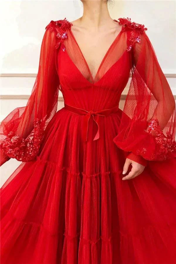 Chic Long A-line V-neck Tulle Red Prom Dress with Sleeves - Image 2