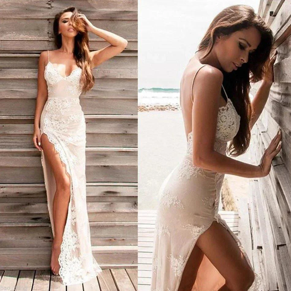 Chic Long Column Straps Lace Backless Prom Dress with Slit - Image 3