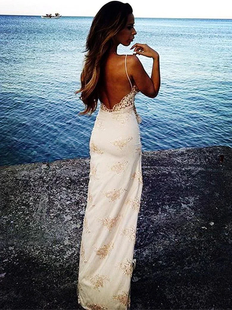 Chic Long Column Straps Lace Backless Prom Dress with Slit - Image 4