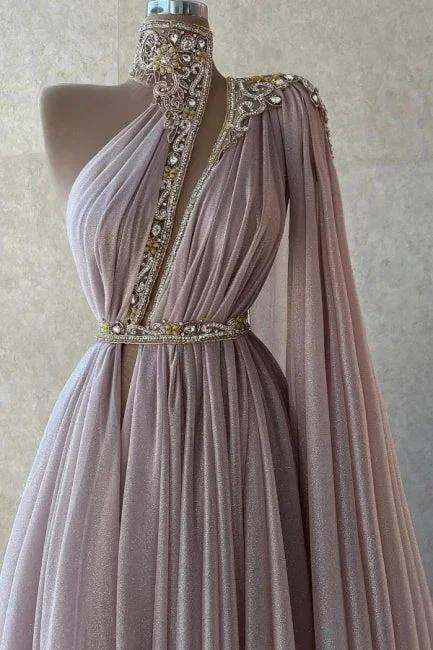Chic Long Dusty Pink High Neck Lace Prom Dresses with Glitter - Image 2