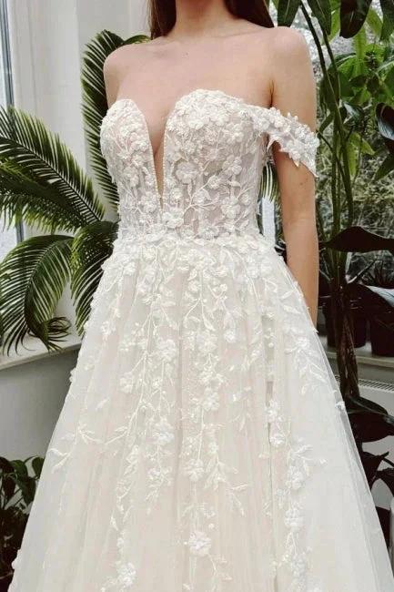 Chic Long Ivory A-line Off-the-shoulder V-neck Sleeveless Wedding Dress with Lace - Image 2