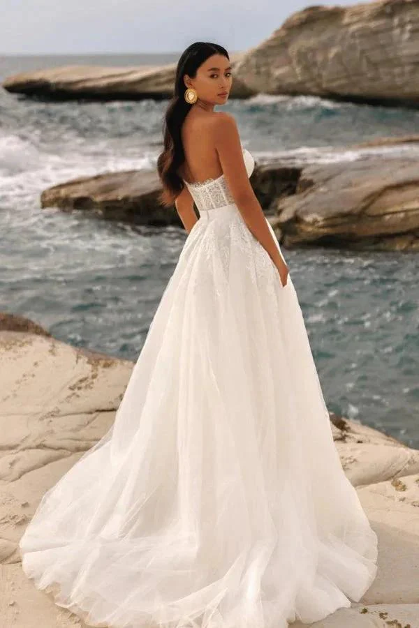 Chic Long Ivory A-line Strapless Appliques Tulle Wedding Dress - Image 2