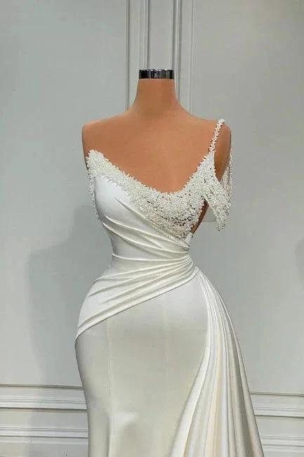 Chic Long Ivory Mermaid One Shoulder Sleeveless Wedding Dress with Pearls - Image 2