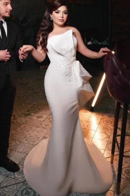 Chic Long Mermaid Simple Satin Strapless Wedding Dress With Lace - Image 2