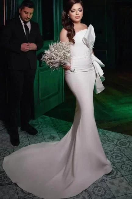 Chic Long Mermaid Simple Satin Strapless Wedding Dress With Lace - Image 6
