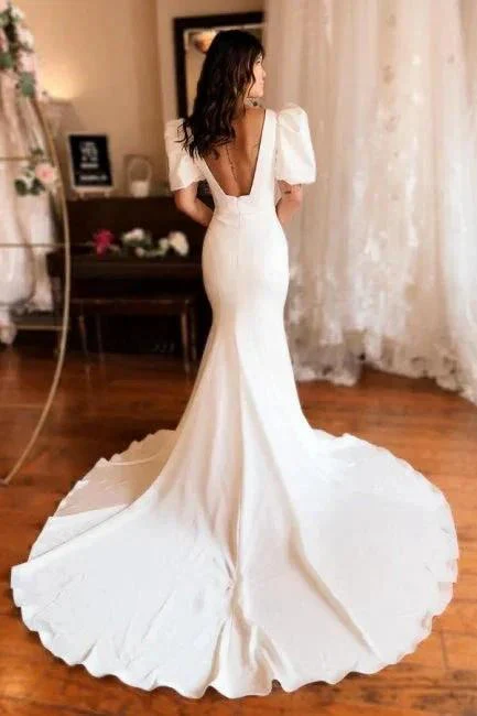 Chic Long Mermaid Square Neck Satin Backless Wedding Dress With Short Sleeves - Image 2