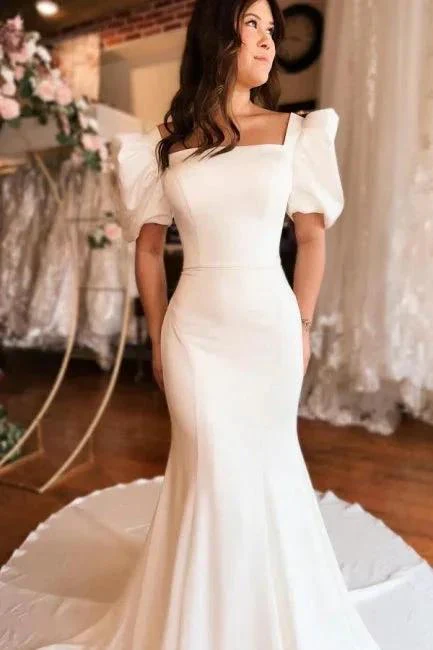 Chic Long Mermaid Square Neck Satin Backless Wedding Dress With Short Sleeves - Image 3